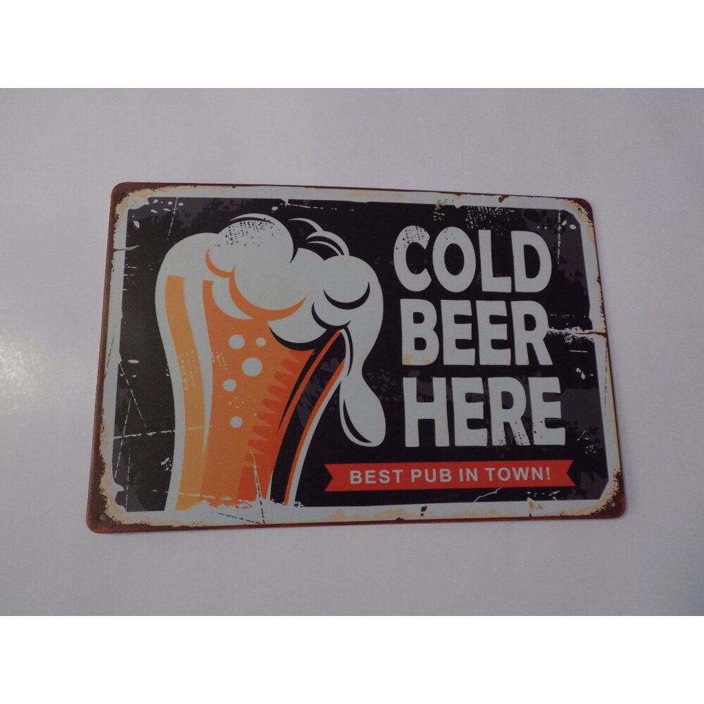 Cold Beer Here Metal Sign - (Brown Gold) Bar Sign